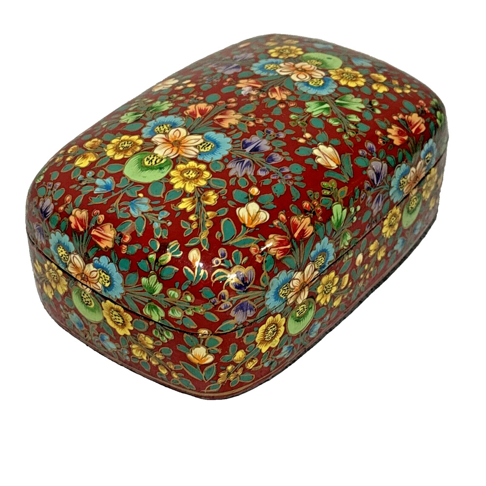 Lacquered Trinket Keepsake Jewelry Box Ethnic Crafts Multicolor Kashimiri Floral - Picture 4 of 10